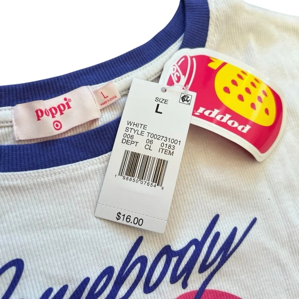 Poppi White and Pink Crop T-Shirt with Purple Trim, L - Picture 3 of 5